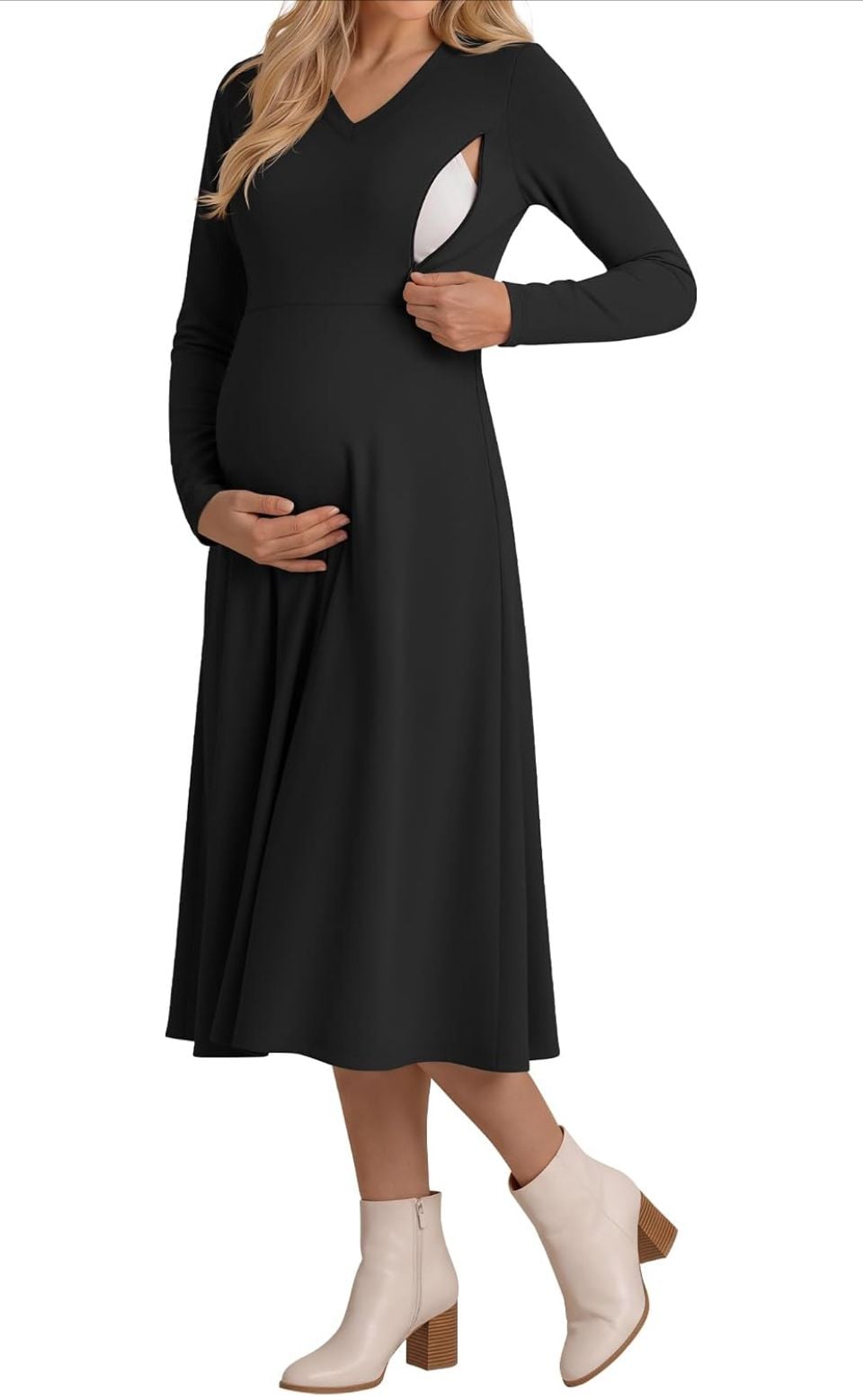 Huukeay Maternity Dress Long Sleeve V Neck Ribbed Black XL 2
