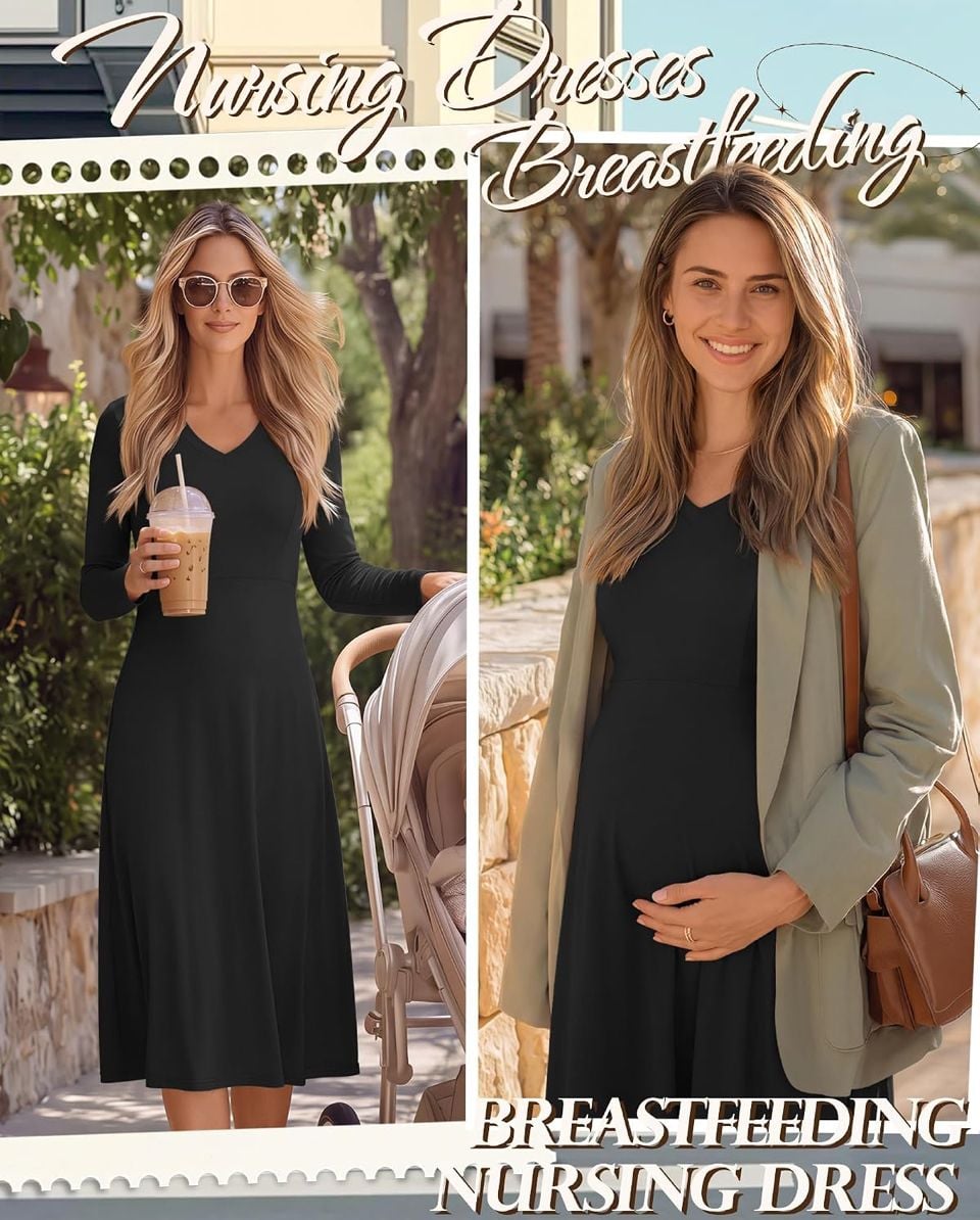 Huukeay Maternity Dress Long Sleeve V Neck Ribbed Black XL 5
