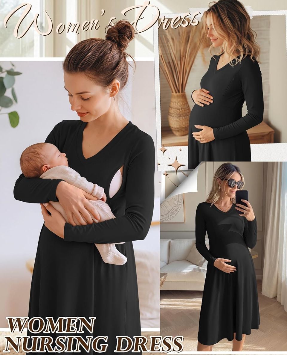 Huukeay Maternity Dress Long Sleeve V Neck Ribbed Black XL 6