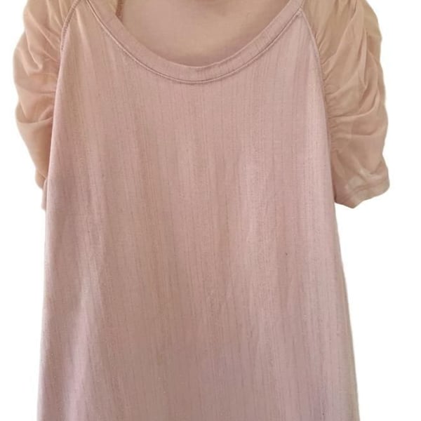 Pink Glitter Knit Top with Mesh Puff Sleeves and Round Neckline