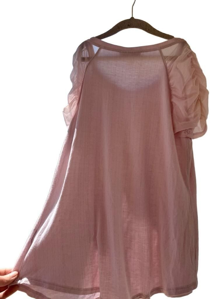 Pink Glitter Knit Top with Mesh Puff Sleeves and Round Neckline 7