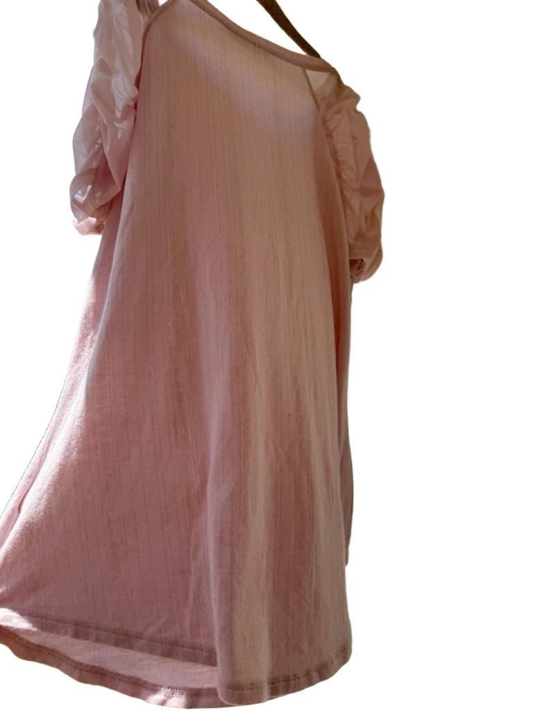 Pink Glitter Knit Top with Mesh Puff Sleeves and Round Neckline 9