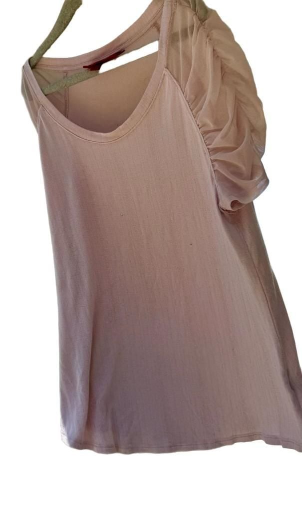 Pink Glitter Knit Top with Mesh Puff Sleeves and Round Neckline 10