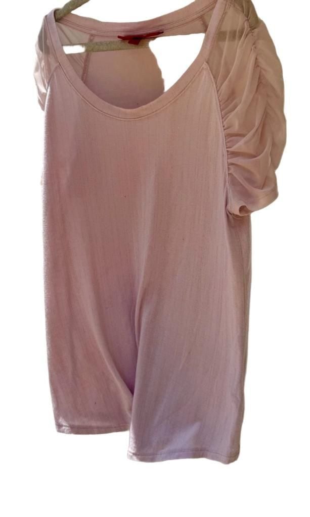 Pink Glitter Knit Top with Mesh Puff Sleeves and Round Neckline 11