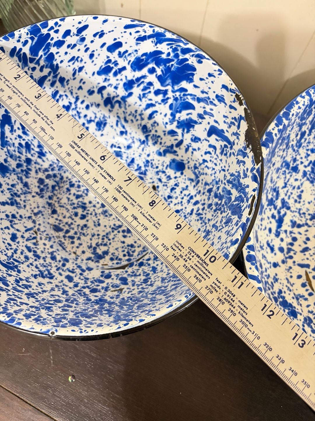 Vtg set 2 Enamelware granite marble Mixing Bowl Set of 2 Blue White  9