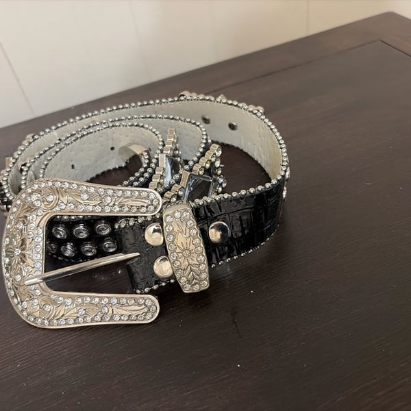 Western showmanship Rhinestone Studded Crocodile Leather Belt Black
