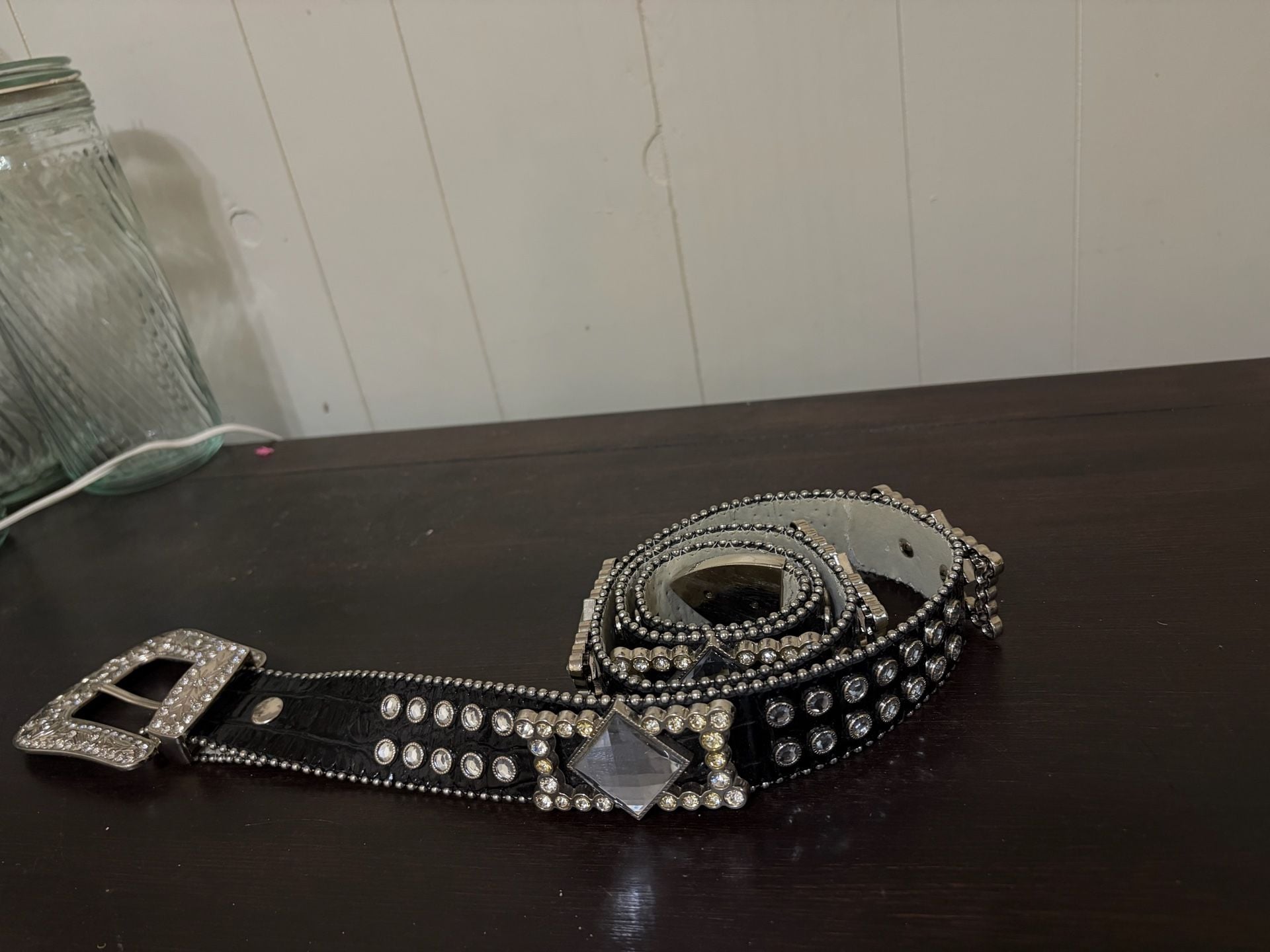 Western showmanship Rhinestone Studded Crocodile Leather Belt Black 7