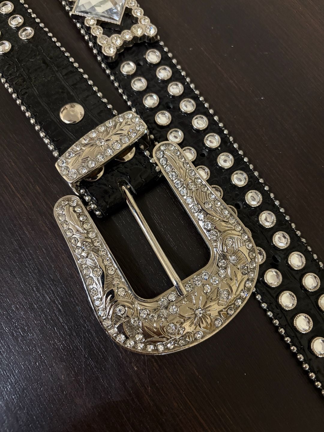 Western showmanship Rhinestone Studded Crocodile Leather Belt Black 9