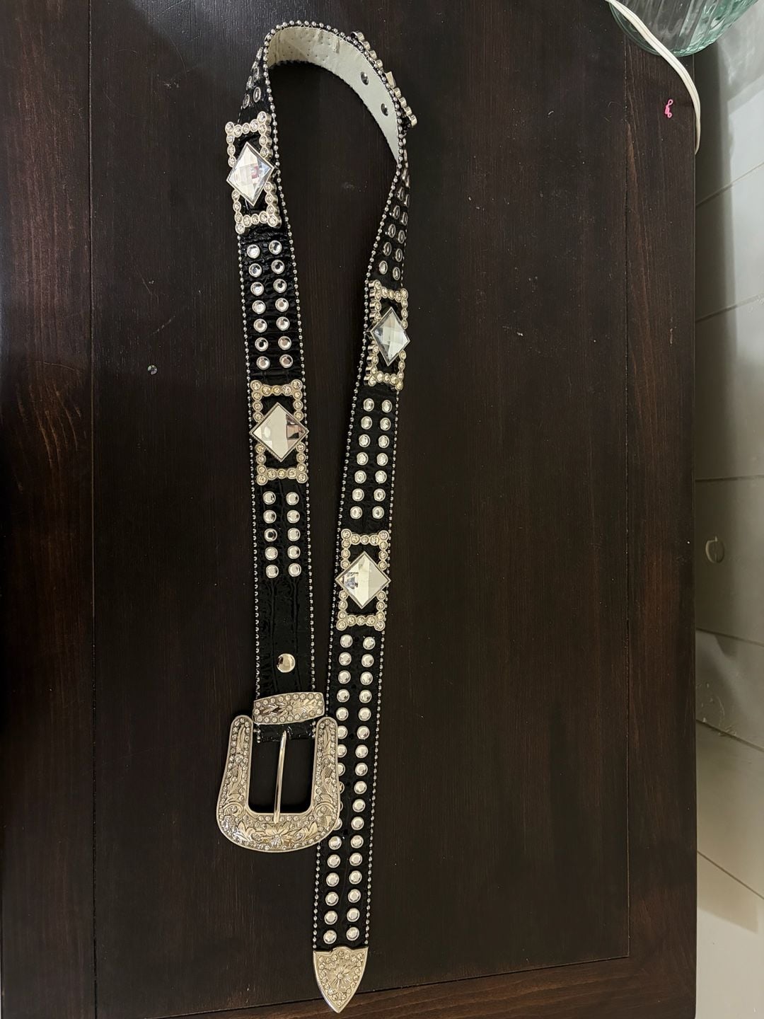 Western showmanship Rhinestone Studded Crocodile Leather Belt Black 11