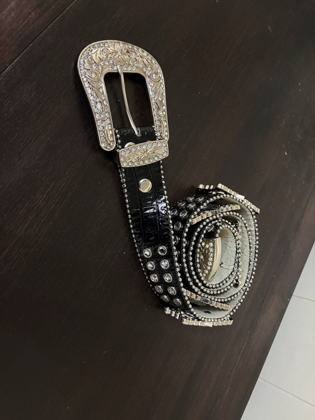 Western showmanship Rhinestone Studded Crocodile Leather Belt Black 12