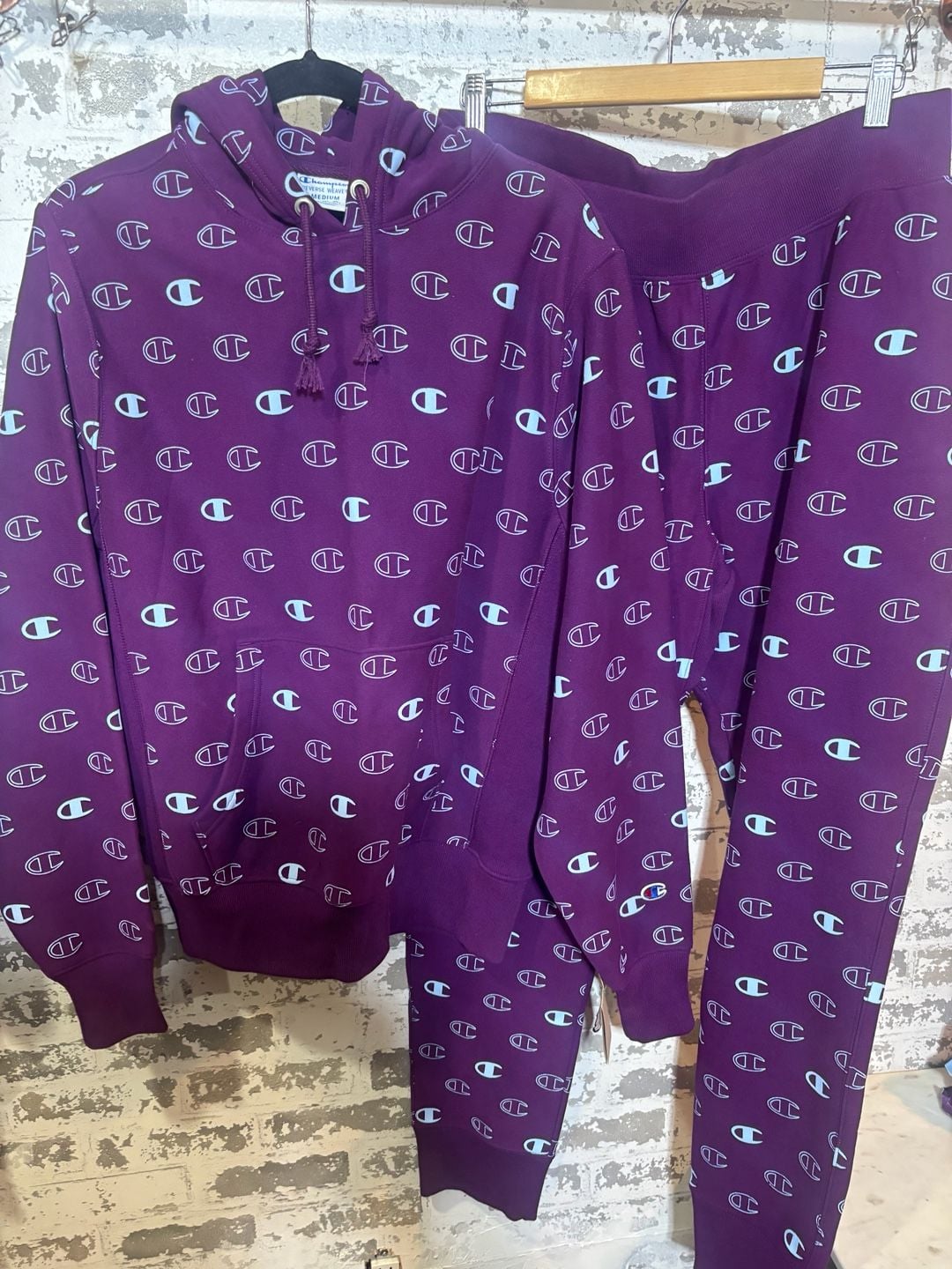 NWT Champion Reverse Weave All Over Logo Hoodie and Sweatpants Set Purple 1