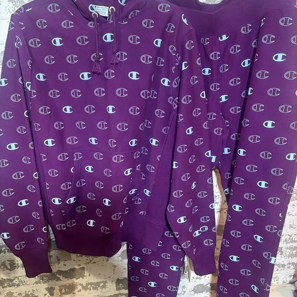 NWT Champion Reverse Weave All Over Logo Hoodie and Sweatpants Set Purple 