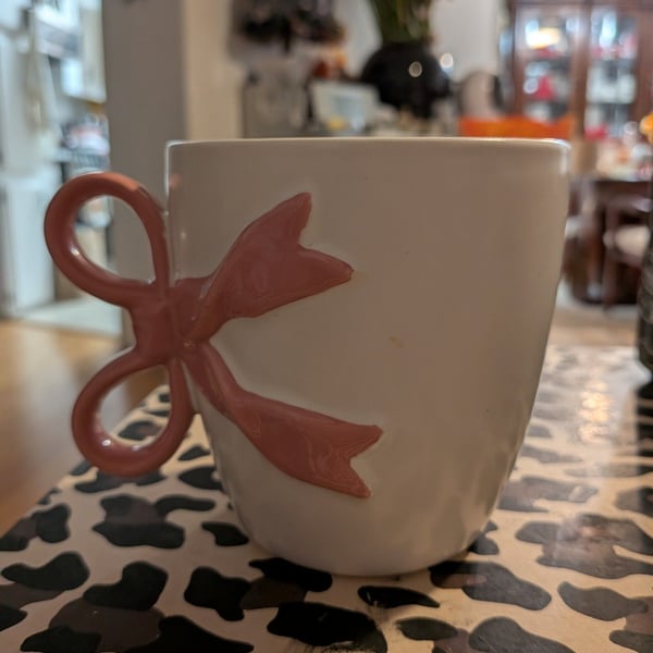 Ceramic Coffee Mug with Pink Bow Handle White