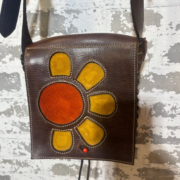 ViTG Brown Tooled Leather Crossbody Bag wi:/suede Sunflower Patchwork Design