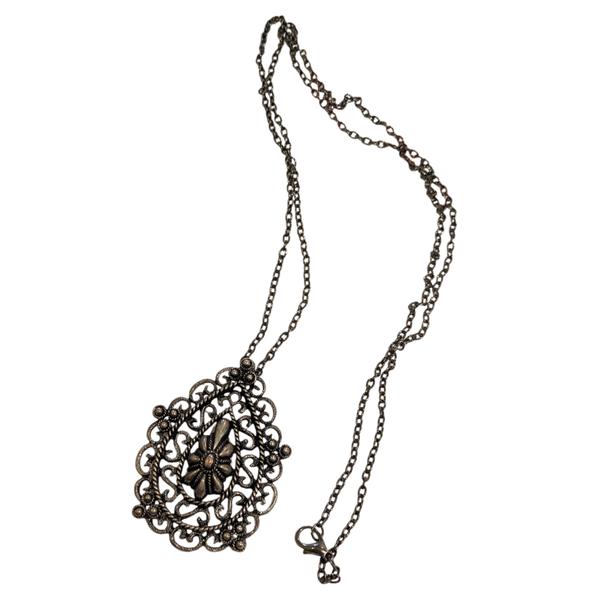 Vintage Filigree Pendant Necklace Silver Tone Ornate