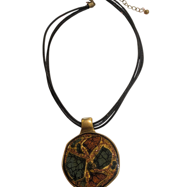 Chico's Enamel Gold Pendant Faux Leather Multi-Strand Necklace