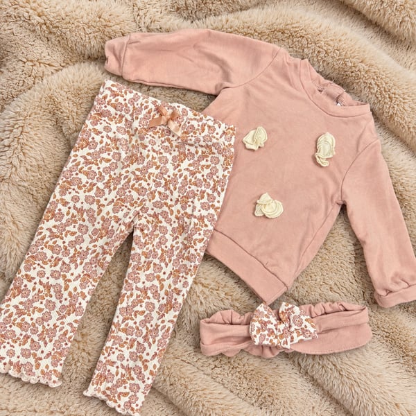 Baby Girl 2 Piece Outfit with Headband Pink Floral Sweatshirt Leggings Set