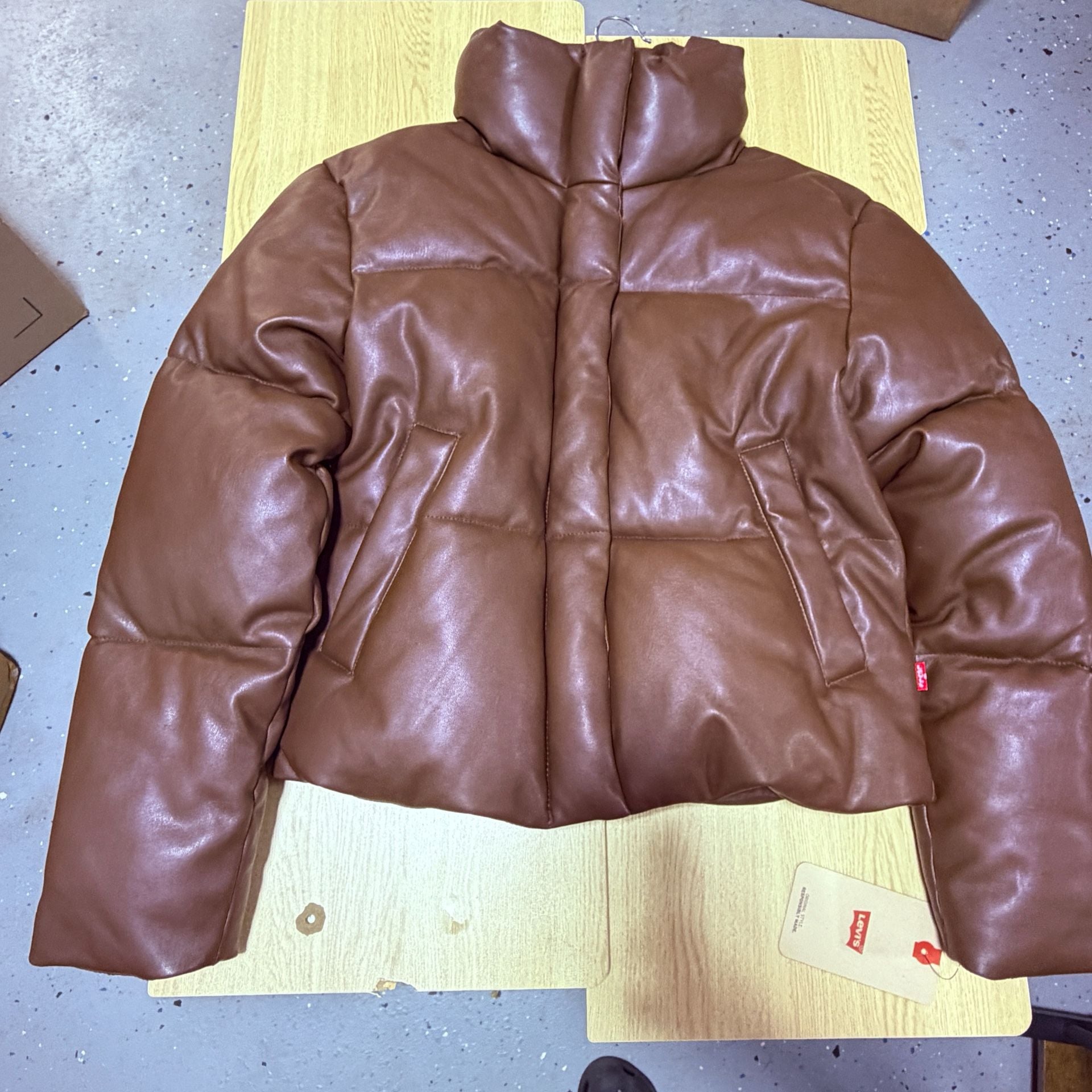 Levi's Faux Leather Puffer Jacket Brown New With Tags 2