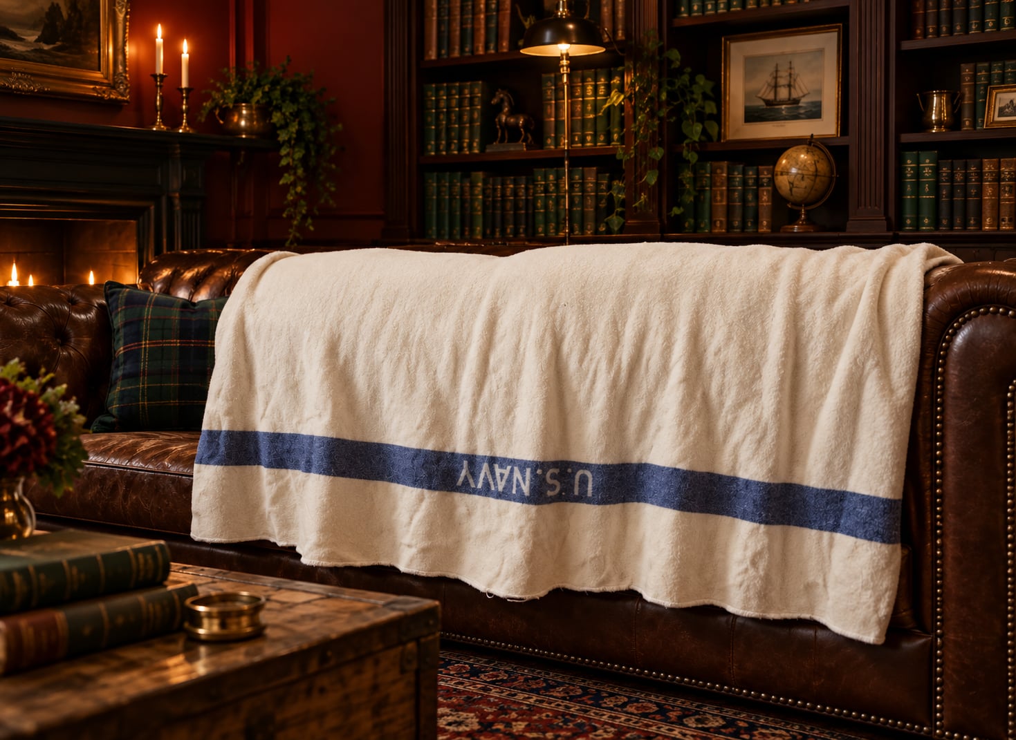 Vintahe US Navy Wool Blanket Off White Blue Stripe blanket 1