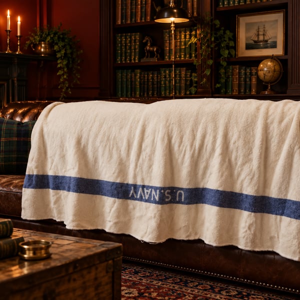 Vintahe US Navy Wool Blanket Off White Blue Stripe blanket 