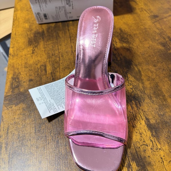 The Drop Heeled Sandals Size 8 Pink Metallic Clear Strap Mules
