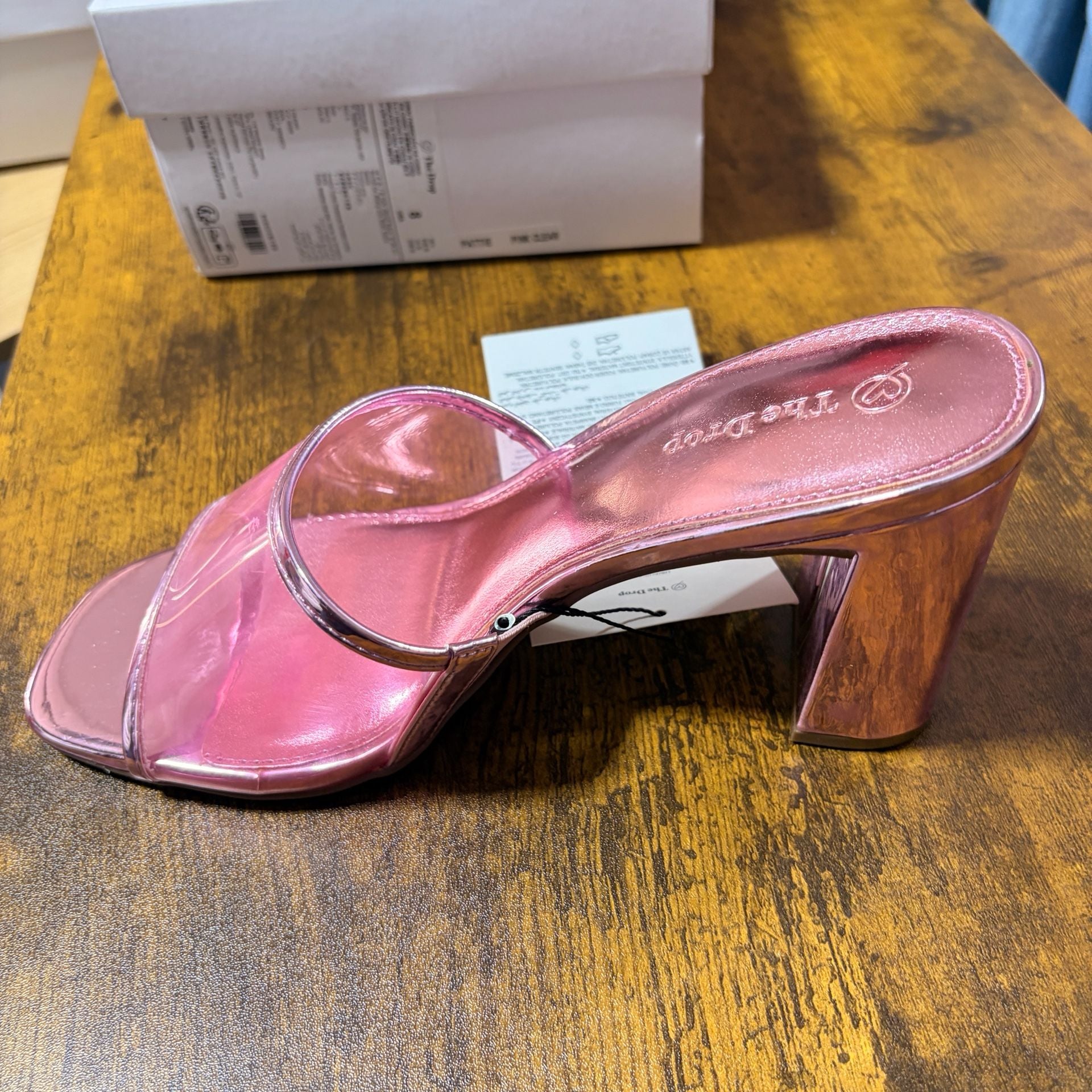 The Drop Heeled Sandals Size 8 Pink Metallic Clear Strap Mules 3