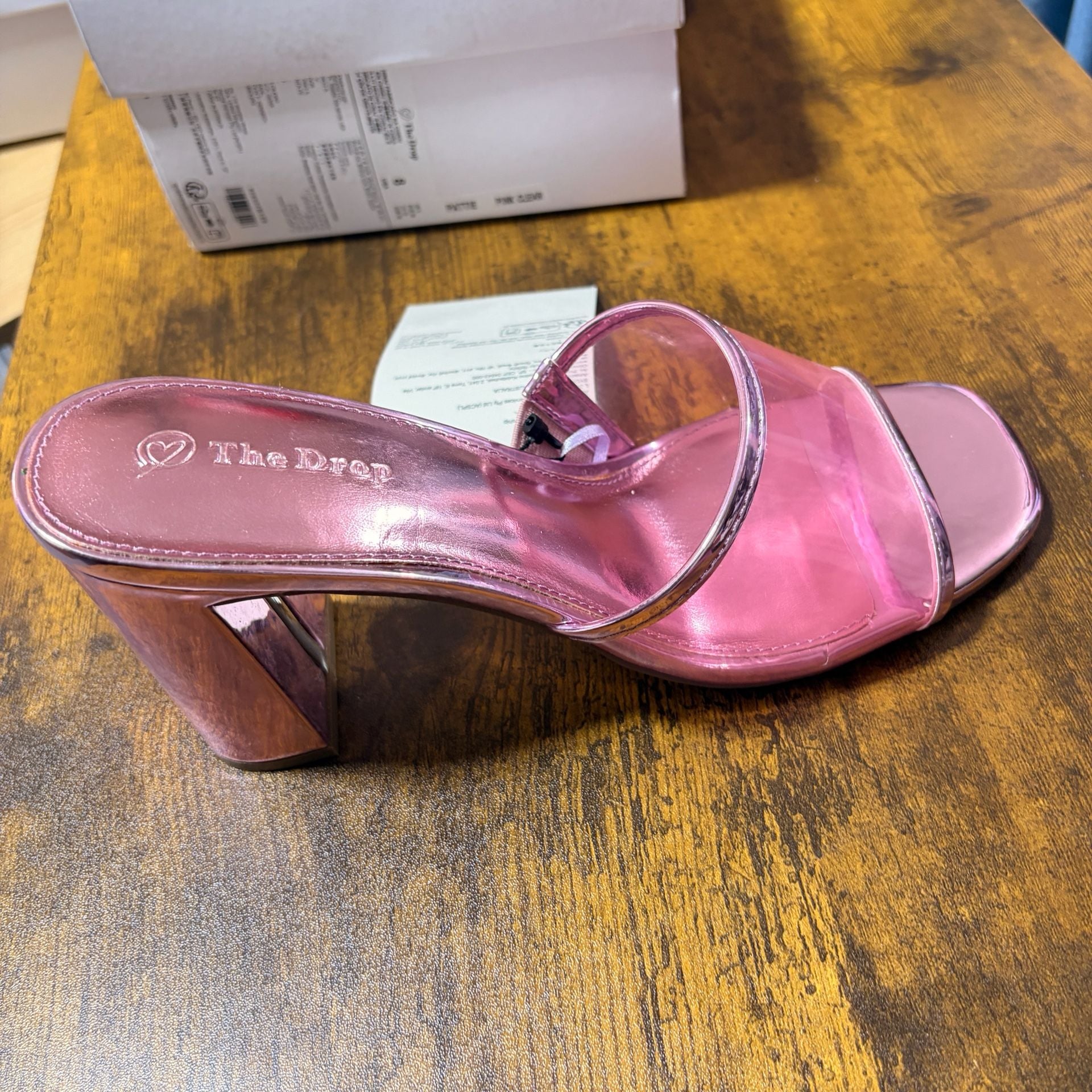 The Drop Heeled Sandals Size 8 Pink Metallic Clear Strap Mules 4