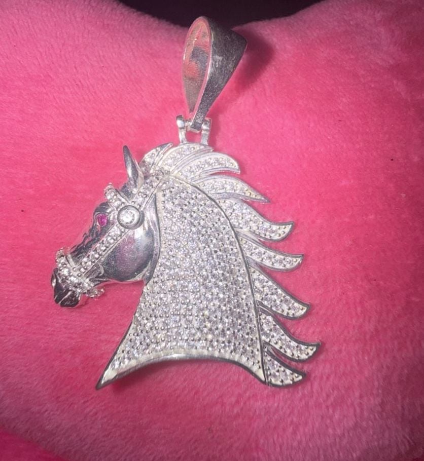 Iced Out Horse Pendant with Cubic Zirconia and Ruby Eyes in 925 Silver 2