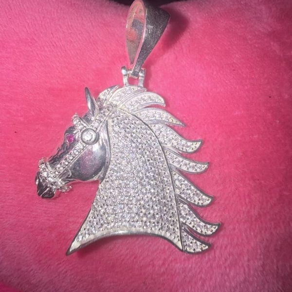 Iced Out Horse Pendant with Cubic Zirconia and Ruby Eyes in 925 Silver