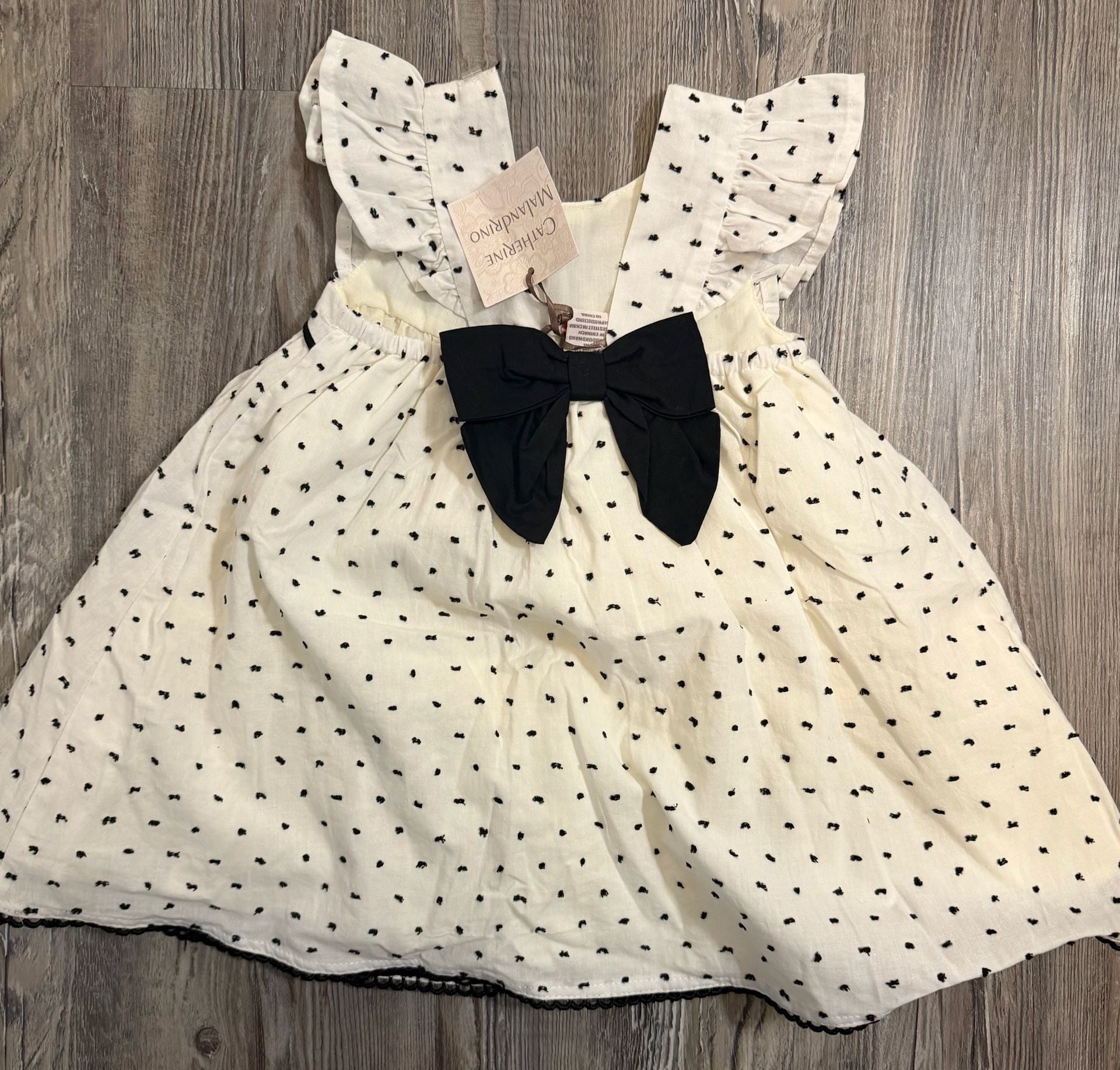 Catherine Malandrino Baby Girl Ivory Flocked Polka Dot Dress with Back Bow 18M 5