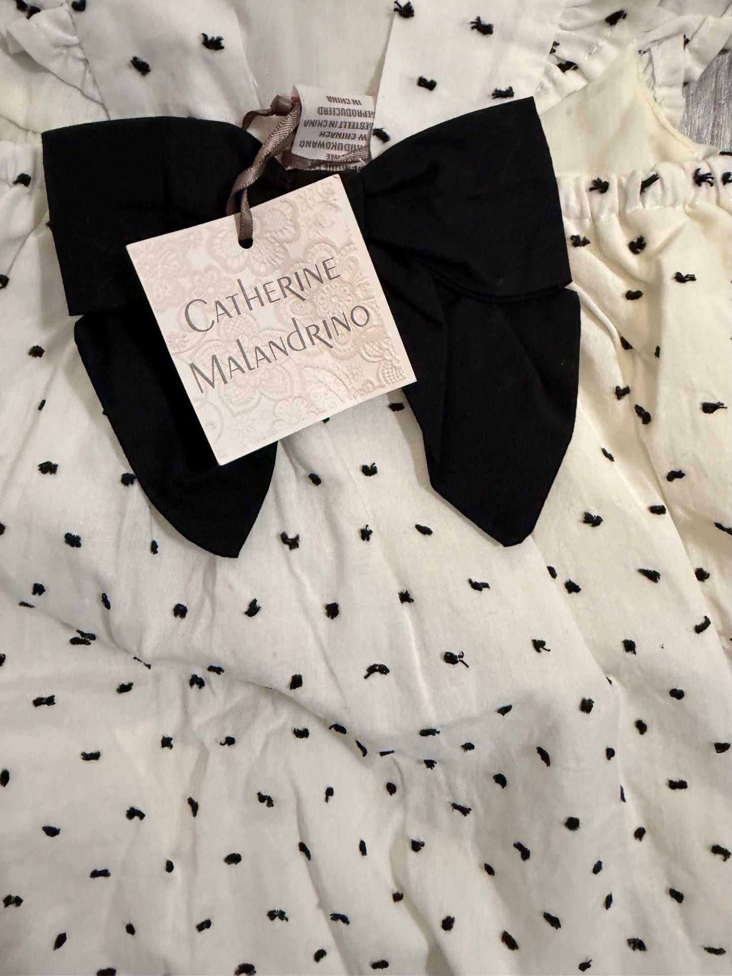 Catherine Malandrino Baby Girl Ivory Flocked Polka Dot Dress with Back Bow 18M 6