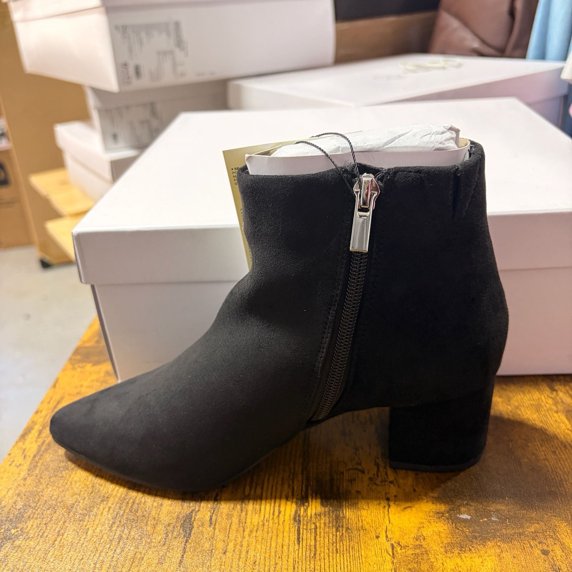 The Drop Jessi Side Zip Block Heel Ankle Boot Size 5 Black Faux Suede 3