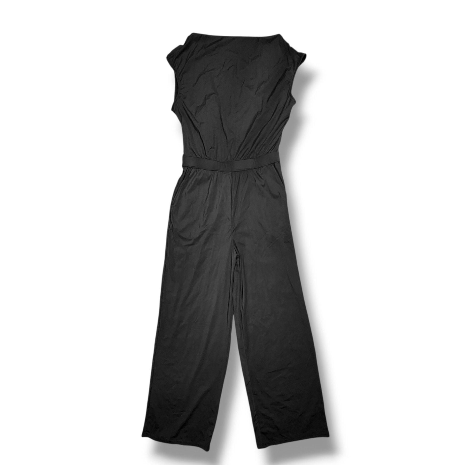 Halara Black Sleeveless Wide Leg Jumpsuit Size S V Neck Belted Romper 8