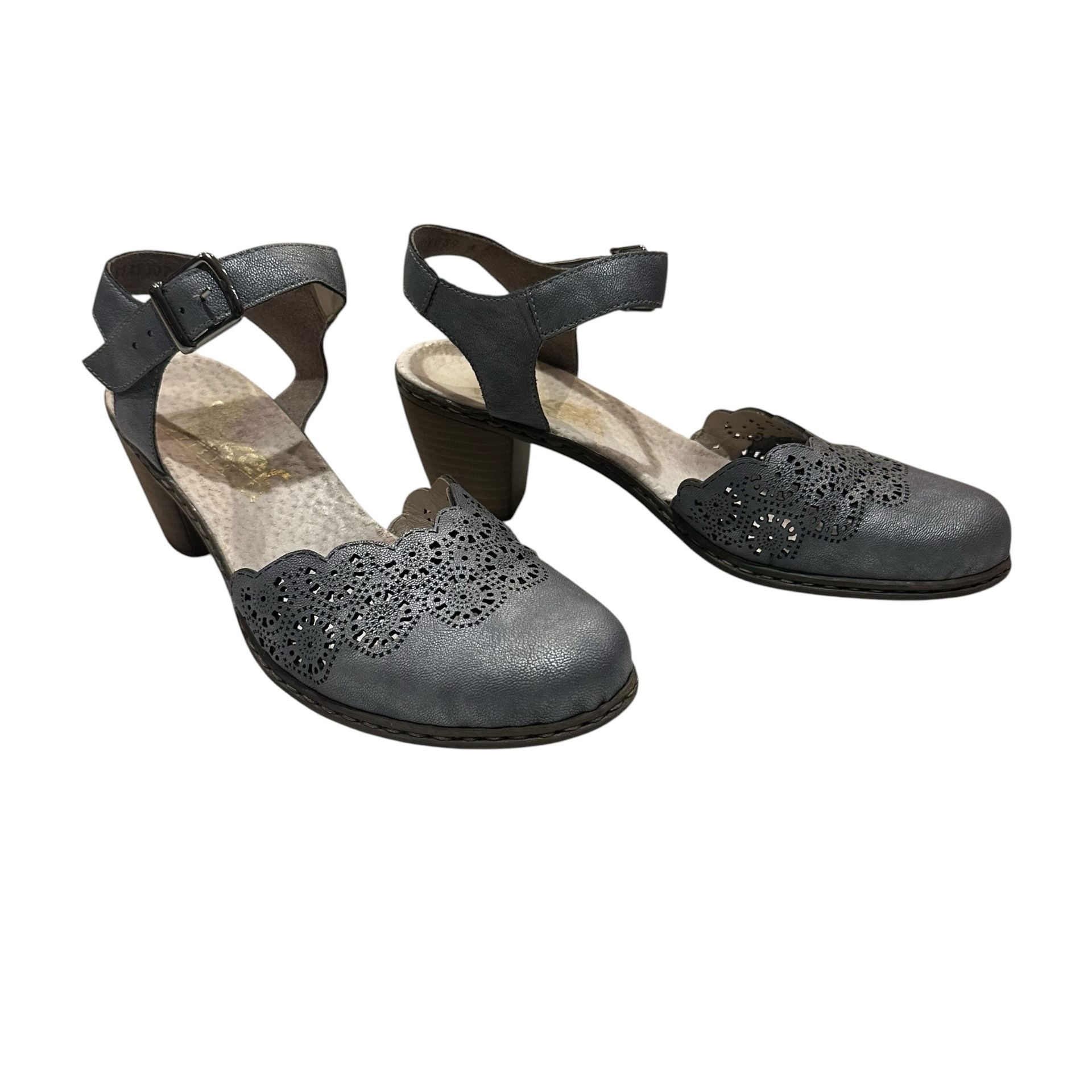Rieker Heeled Sandals Size 37 Blue Cut Out Ankle Strap Buckle 40958-14 2