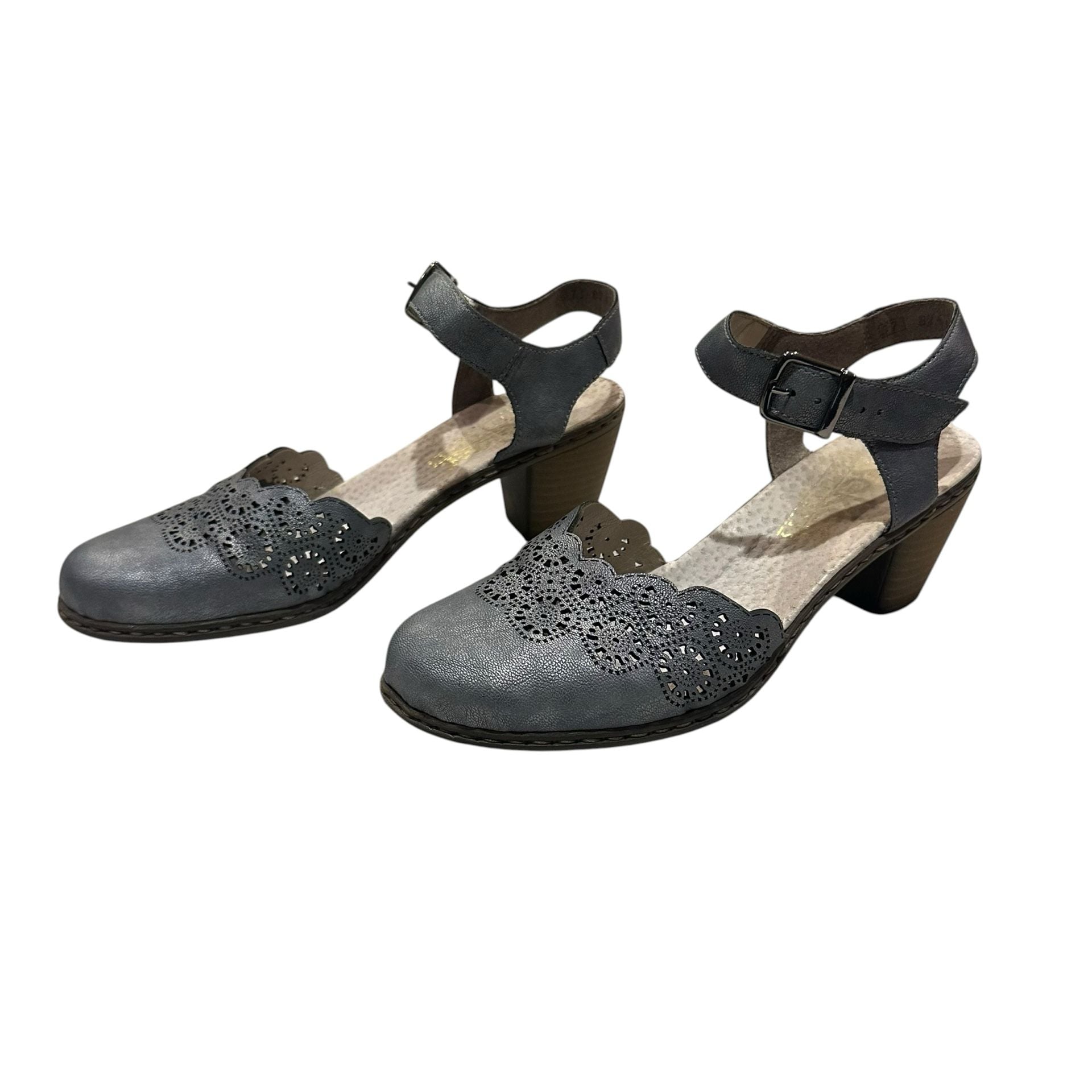 Rieker Heeled Sandals Size 37 Blue Cut Out Ankle Strap Buckle 40958-14 3