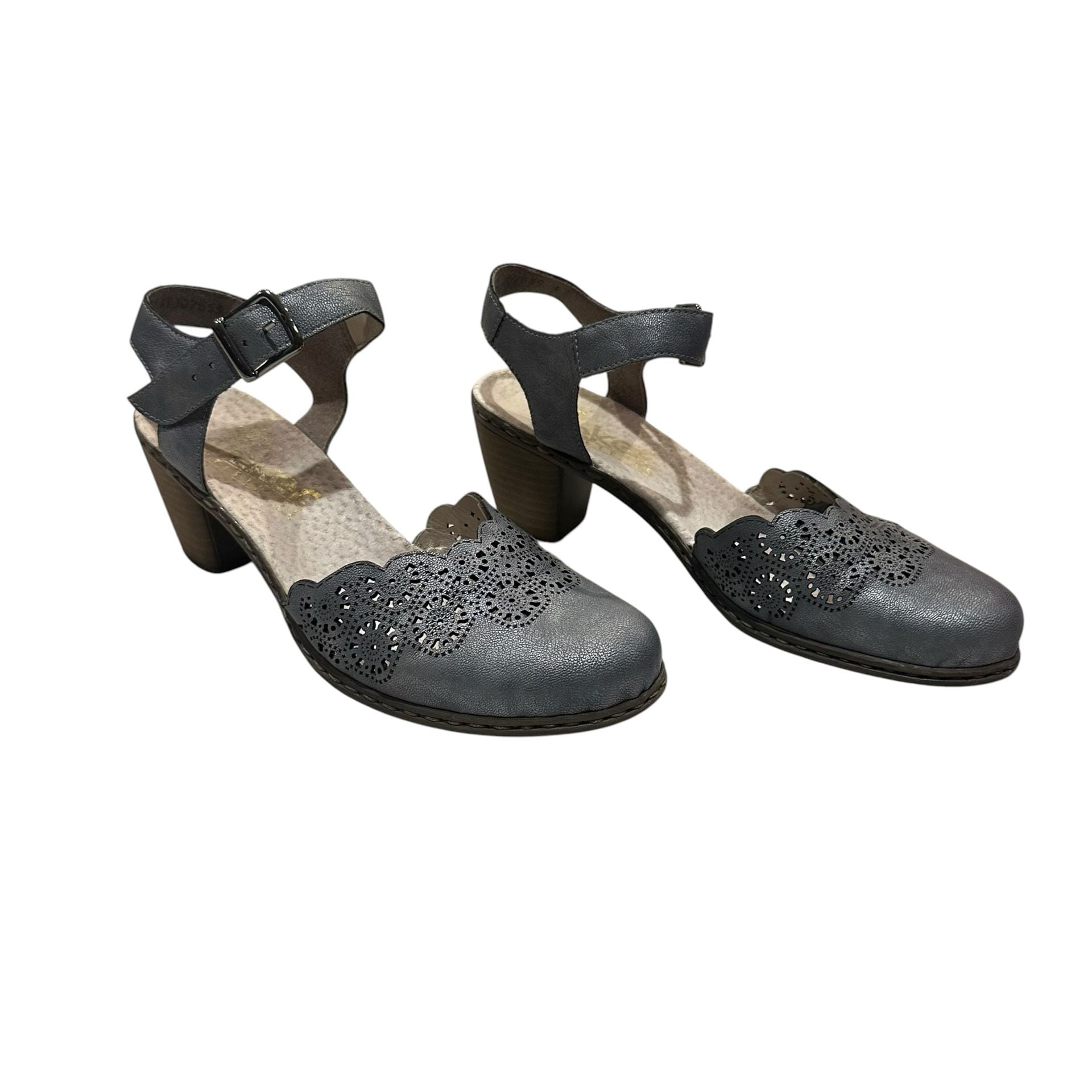 Rieker Heeled Sandals Size 37 Blue Cut Out Ankle Strap Buckle 40958-14 5
