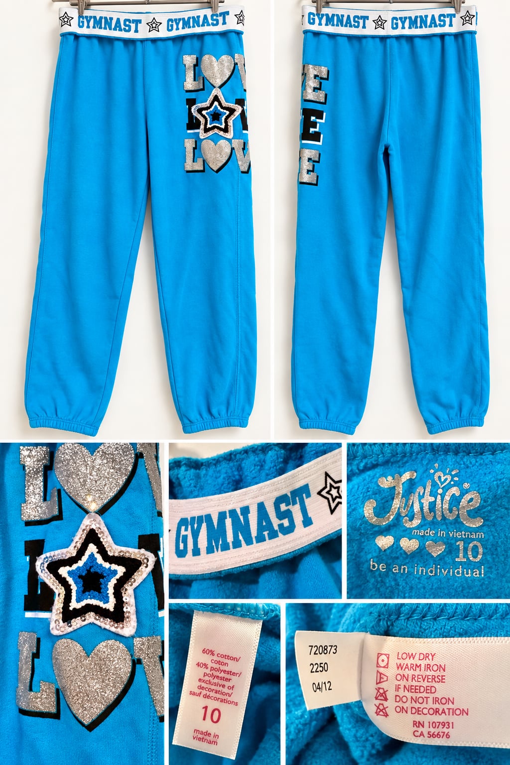 Justice Girls Size 10 Gymnast Sweatpants Blue Glitter LOVE Star Fleece Joggers 2