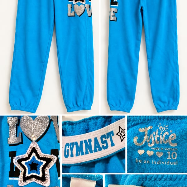 Justice Girls Size 10 Gymnast Sweatpants Blue Glitter LOVE Star Fleece Joggers