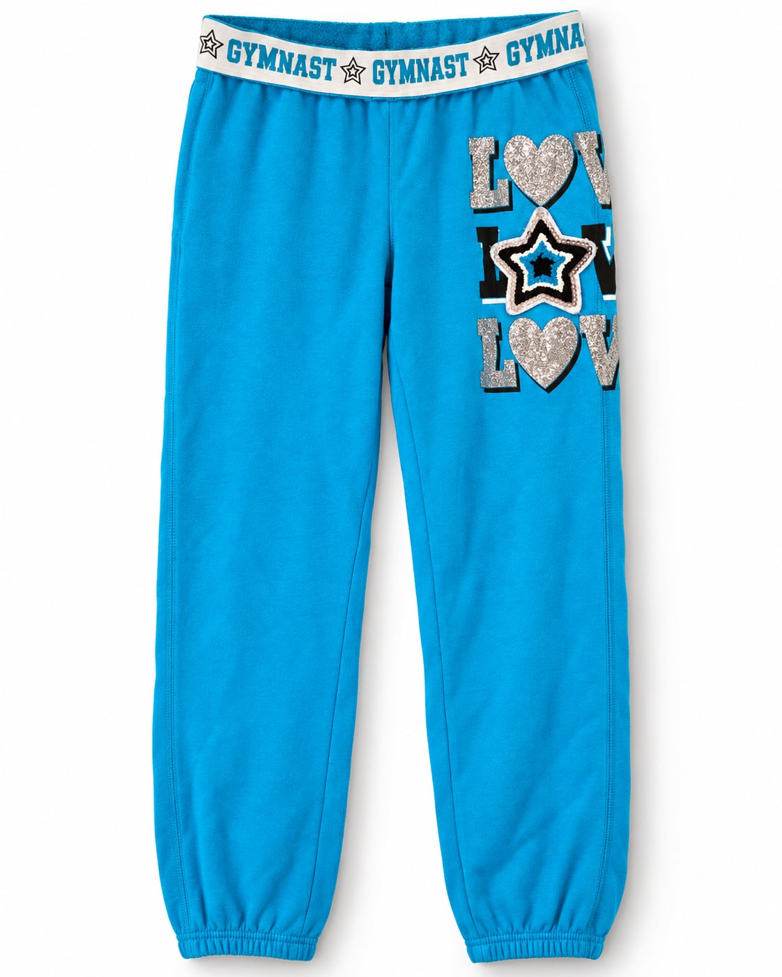 Justice Girls Size 10 Gymnast Sweatpants Blue Glitter LOVE Star Fleece Joggers 3