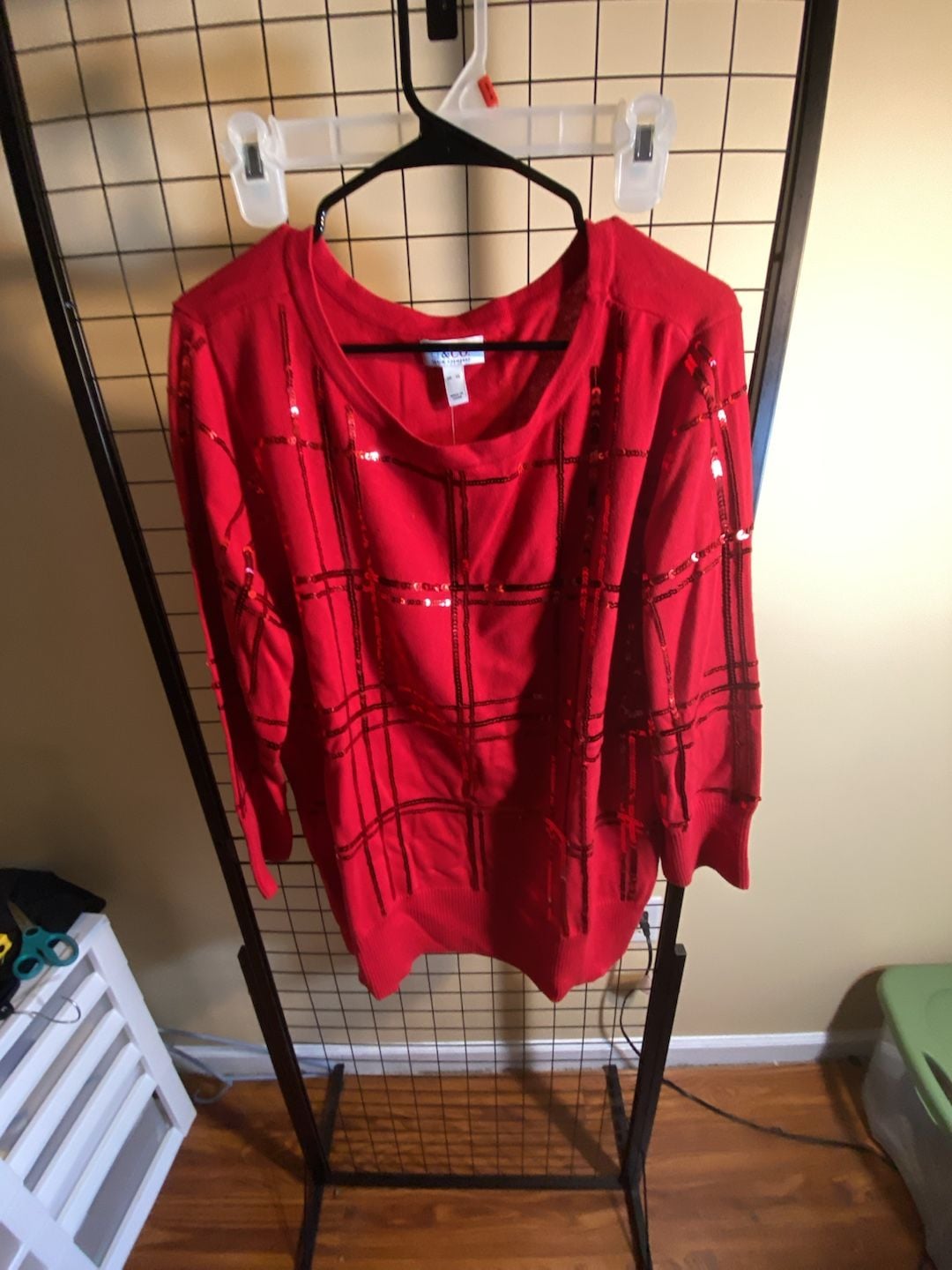 Denim & Co. Plaid Sequin Boat Neck Sweater Size XL Red 2