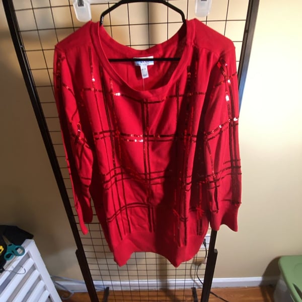 Denim & Co. Plaid Sequin Boat Neck Sweater Size XL Red