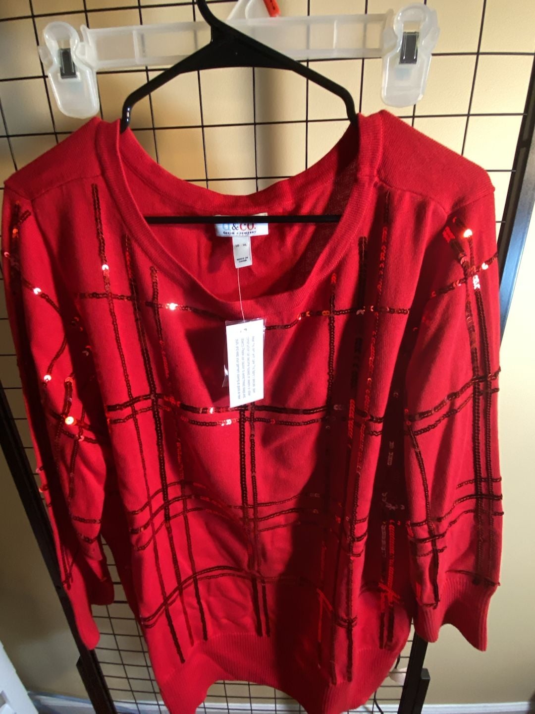 Denim & Co. Plaid Sequin Boat Neck Sweater Size XL Red 4