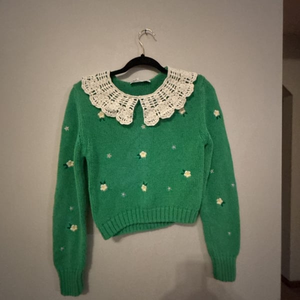 Zara Green Embroidered Knit Cropped Sweater with Crochet Peter Pan Collar Size M