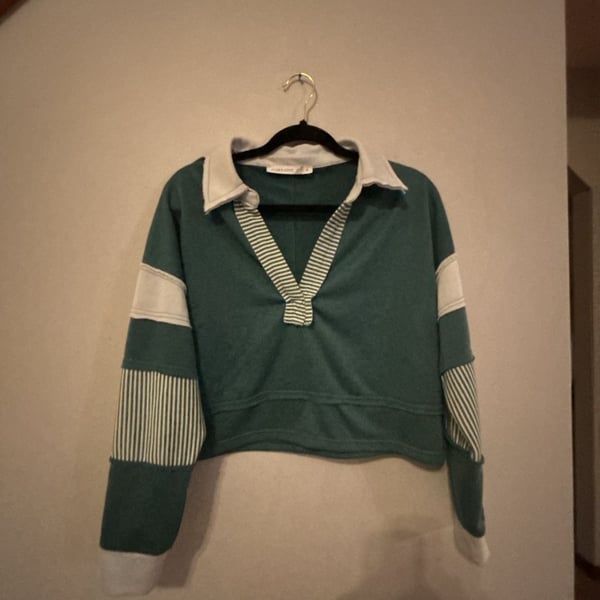Altar'd State Green and White Color Block Collared Pullover Sweater Size S