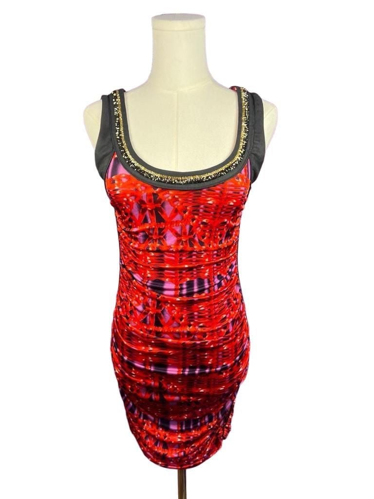 Custo Line Custo Barcelona Vintage Y2K Red Black Ruched Mini Dress Gold Trim 2
