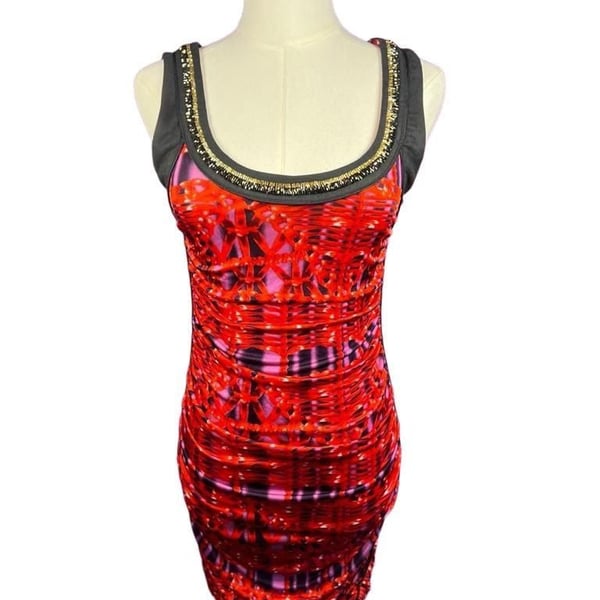 Custo Line Custo Barcelona Vintage Y2K Red Black Ruched Mini Dress Gold Trim