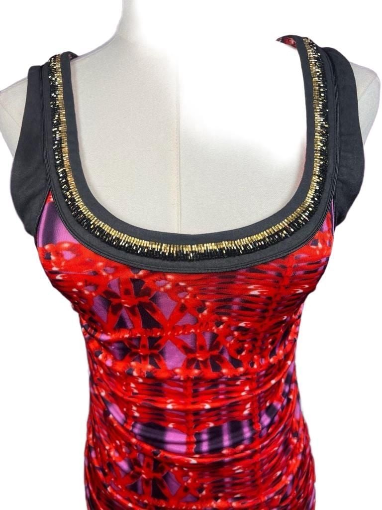 Custo Line Custo Barcelona Vintage Y2K Red Black Ruched Mini Dress Gold Trim 8