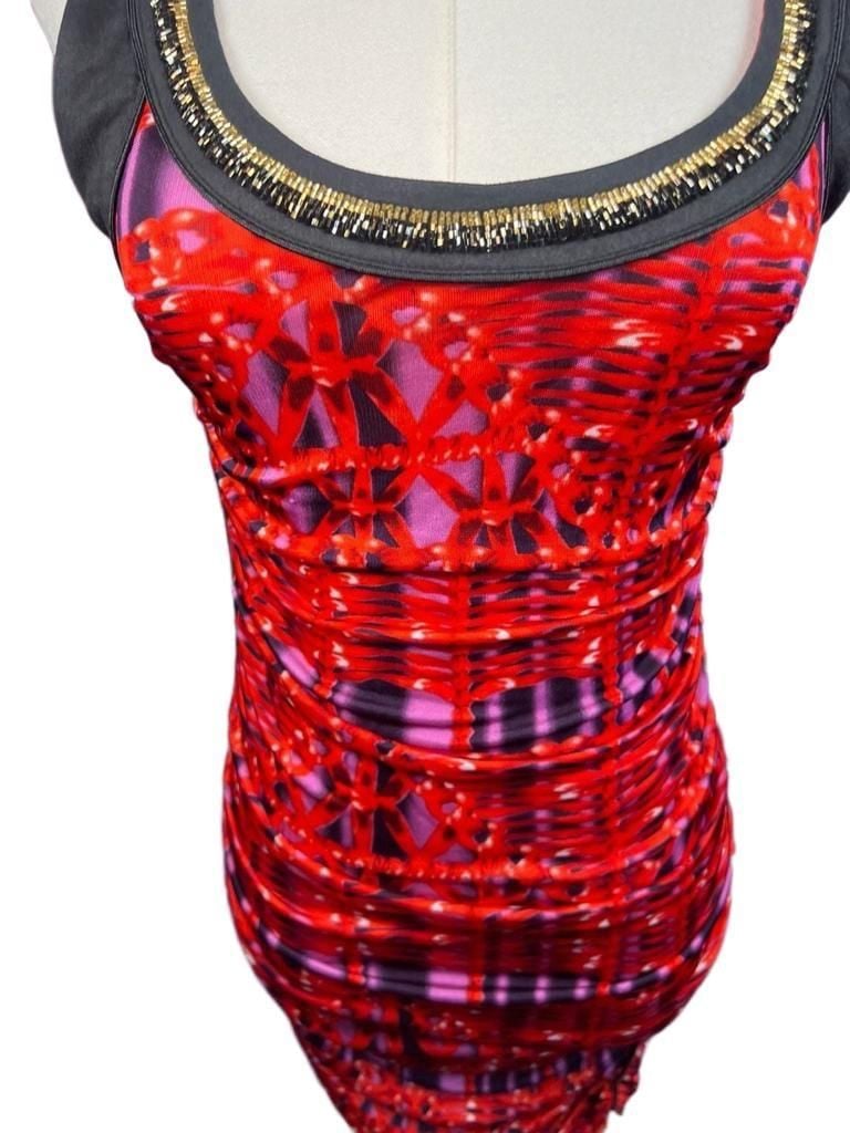 Custo Line Custo Barcelona Vintage Y2K Red Black Ruched Mini Dress Gold Trim 9