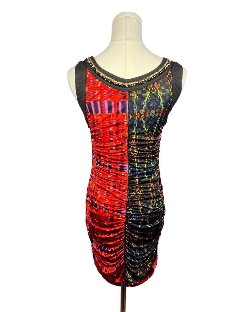 Custo Line Custo Barcelona Vintage Y2K Red Black Ruched Mini Dress Gold Trim 5
