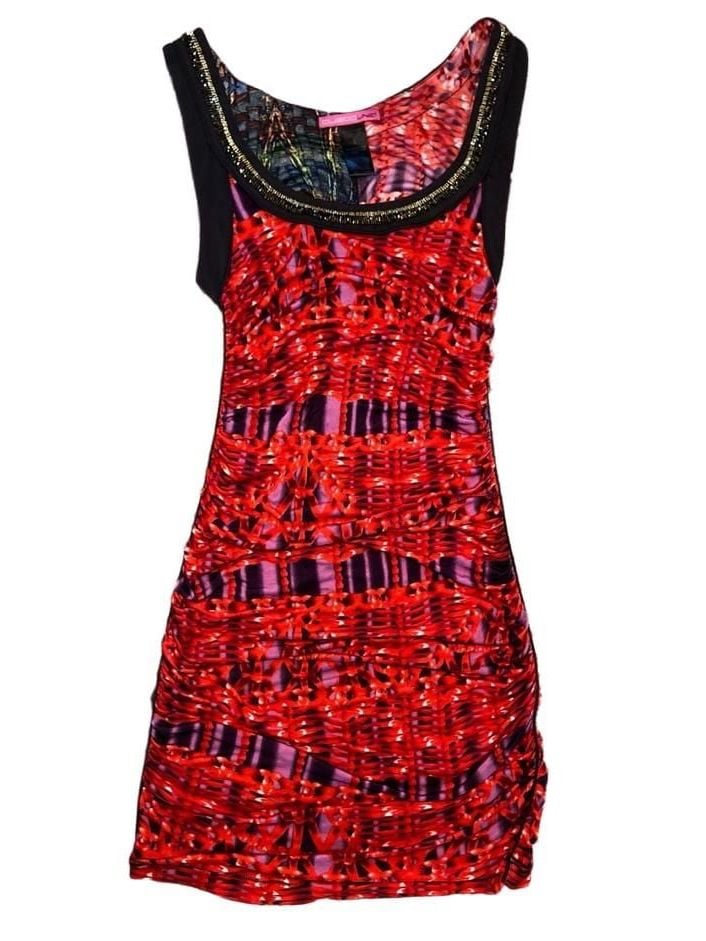 Custo Line Custo Barcelona Vintage Y2K Red Black Ruched Mini Dress Gold Trim 4